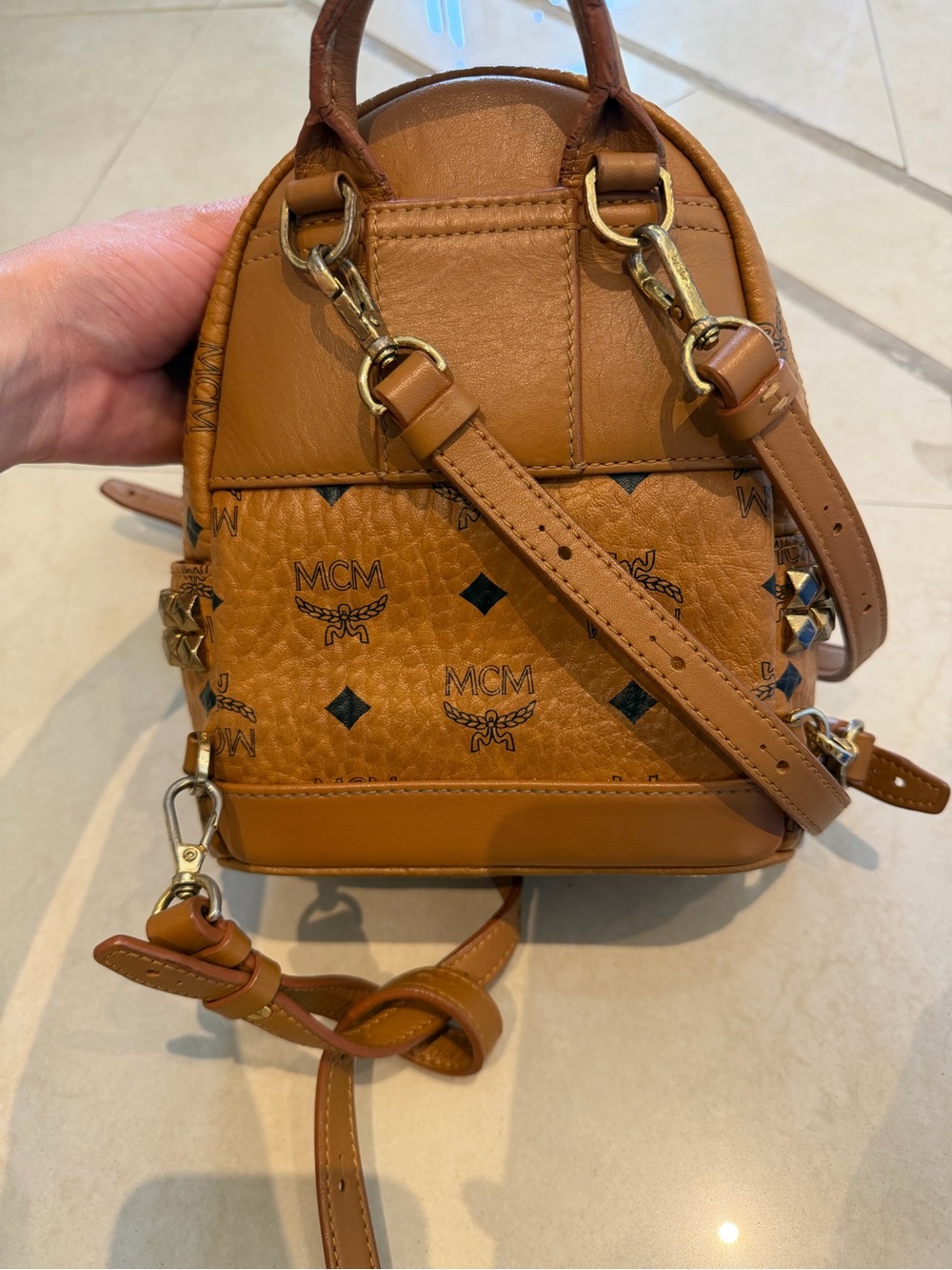 MCM Cognac Logo Mini Backpack with Stud Accents - Picture 5 of 6
